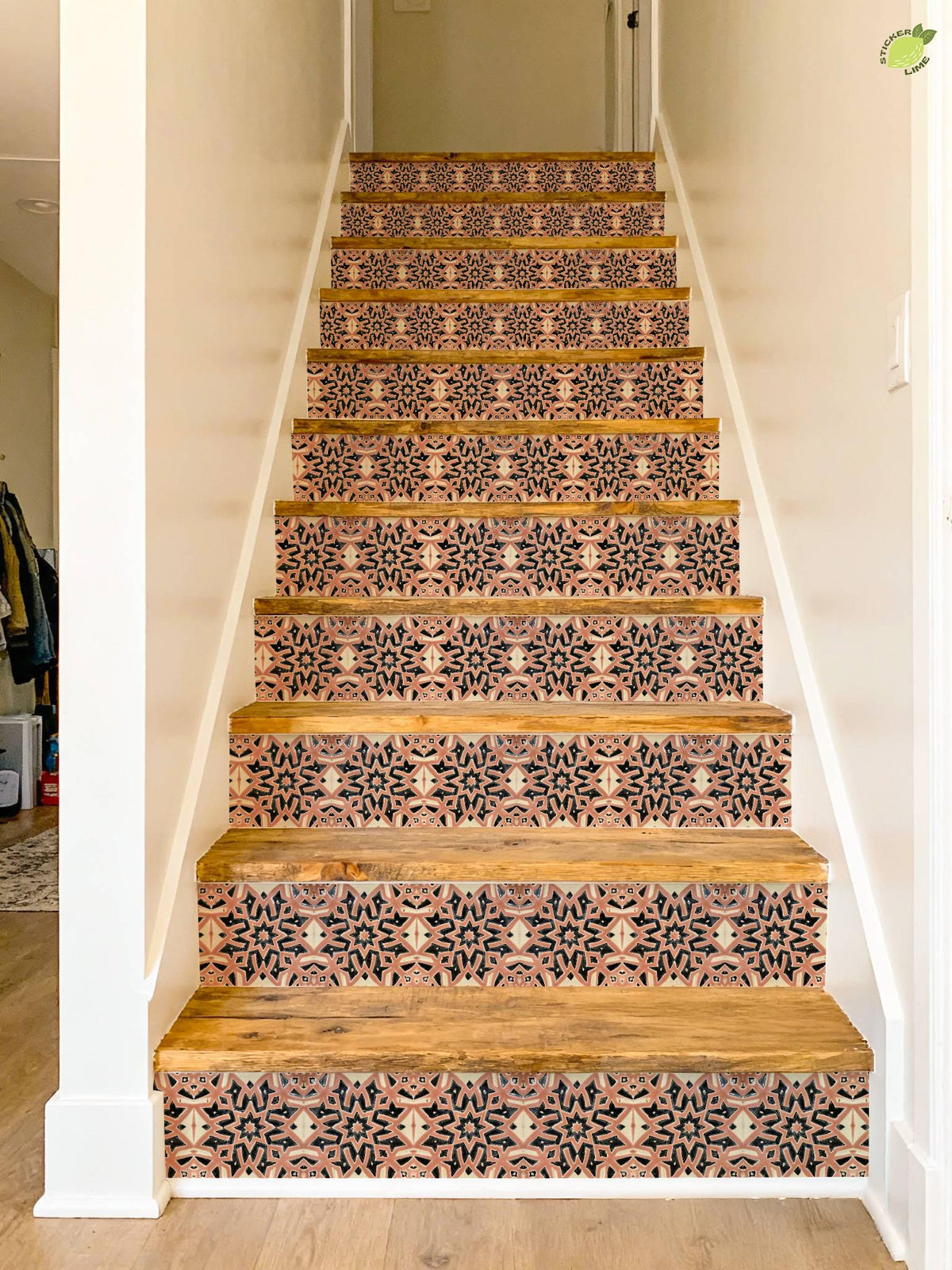 Blush Moroccan Star peel and stick stair riser decals, photo 6 of 8