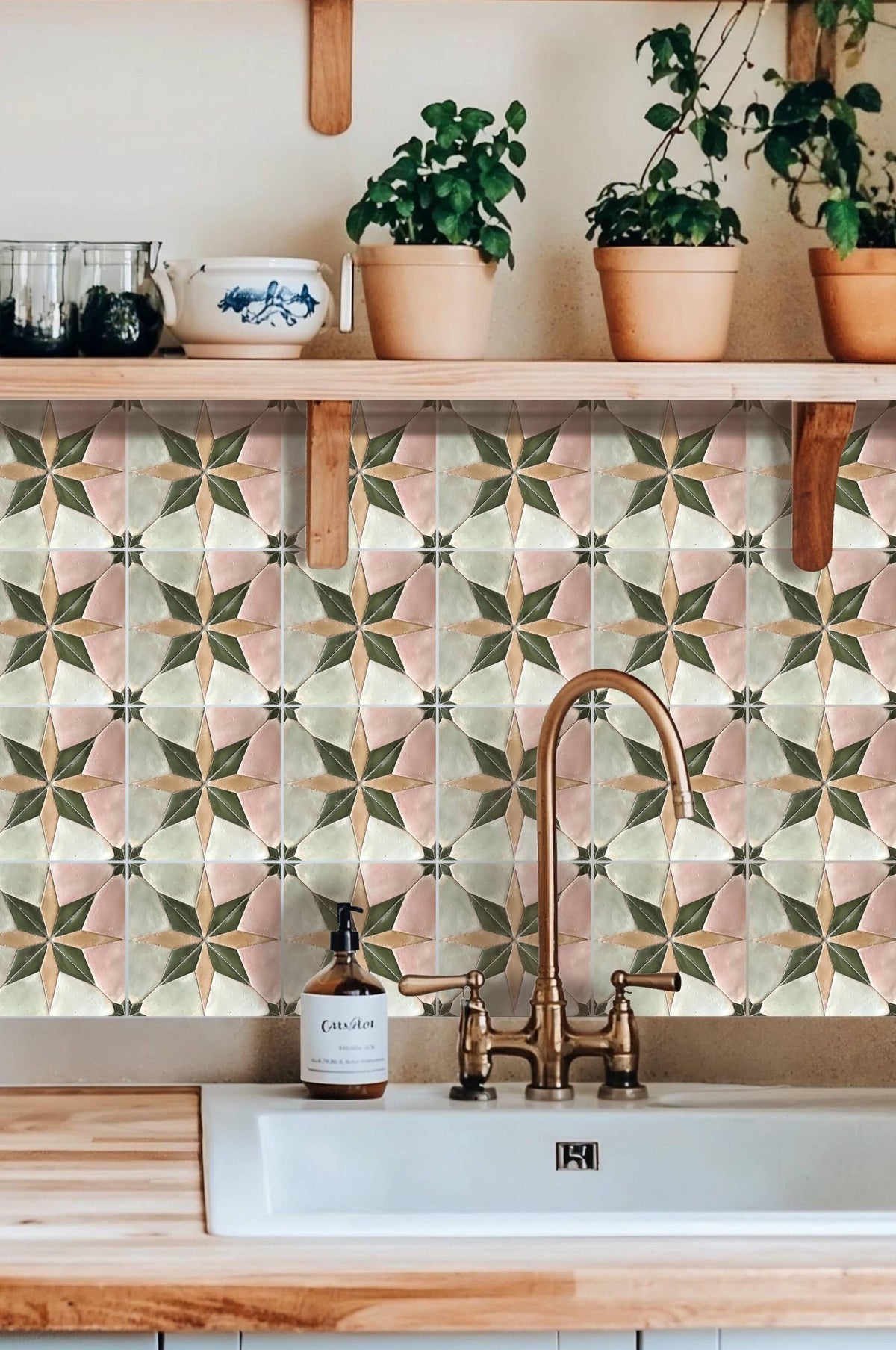 Pink & Beige Boho Star peel and stick tile decals
