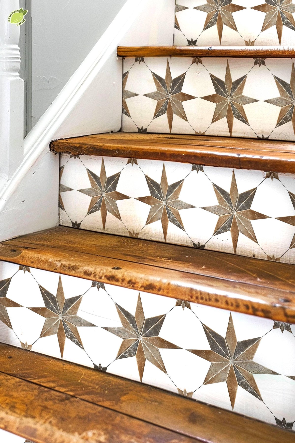 Brown & Gray Boho Star Tile peel and stick stair riser decals, photo 2 of 8