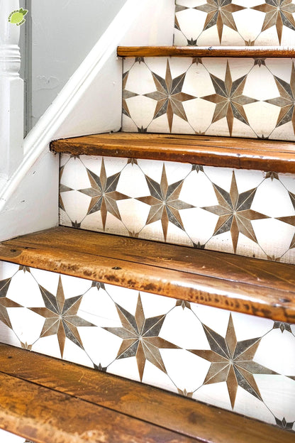 Brown & Gray Boho Star Tile peel and stick stair riser decals, photo 2 of 8