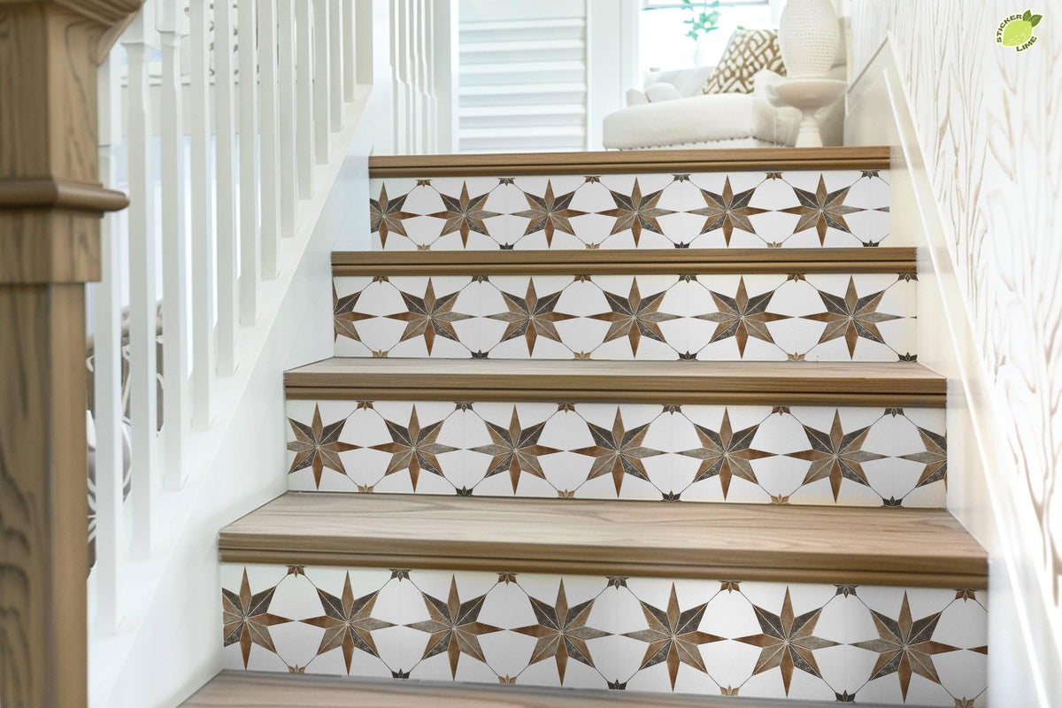 Brown & Gray Boho Star Tile peel and stick stair riser decals, photo 7 of 8