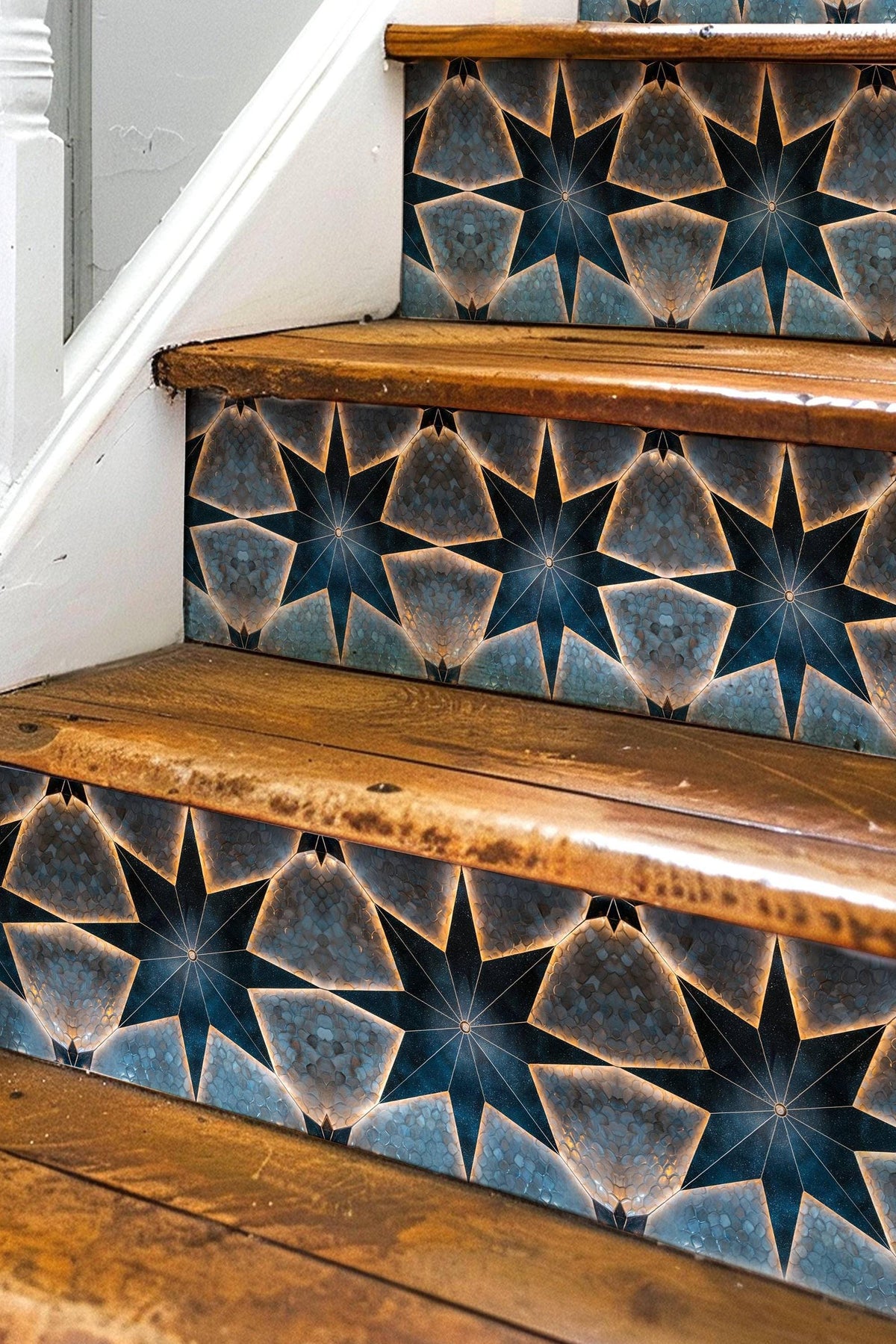 Blue & Beige Boho Star Tile peel and stick stair riser decals