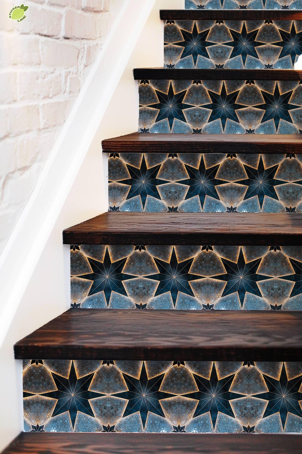 Blue & Beige Boho Star Tile peel and stick stair riser decals, photo 3 of 8