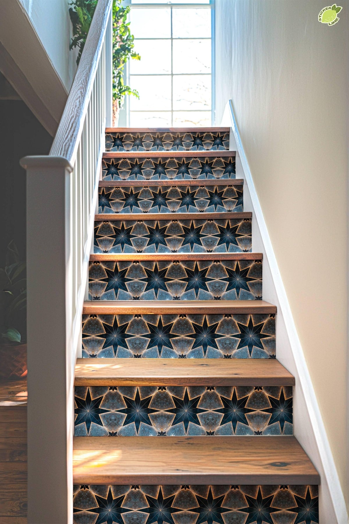 Blue & Beige Boho Star Tile peel and stick stair riser decals, photo 4 of 8
