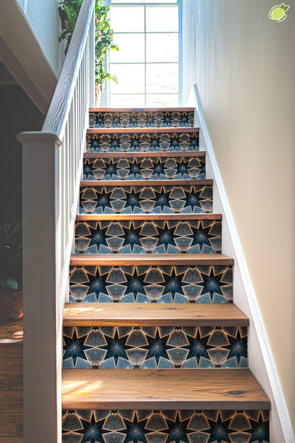 Blue & Beige Boho Star Tile peel and stick stair riser decals, photo 4 of 8