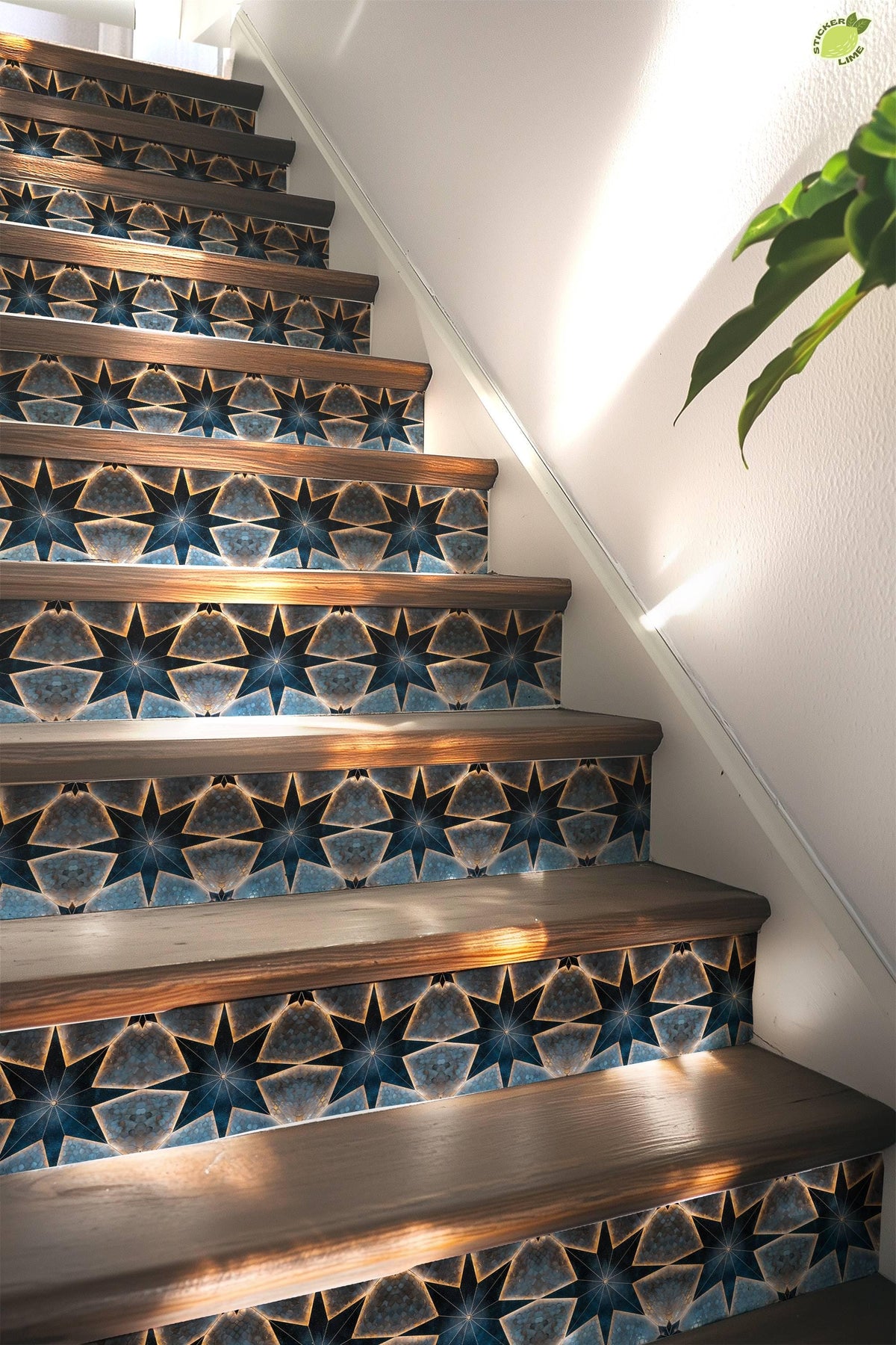 Blue & Beige Boho Star Tile peel and stick stair riser decals, photo 5 of 8