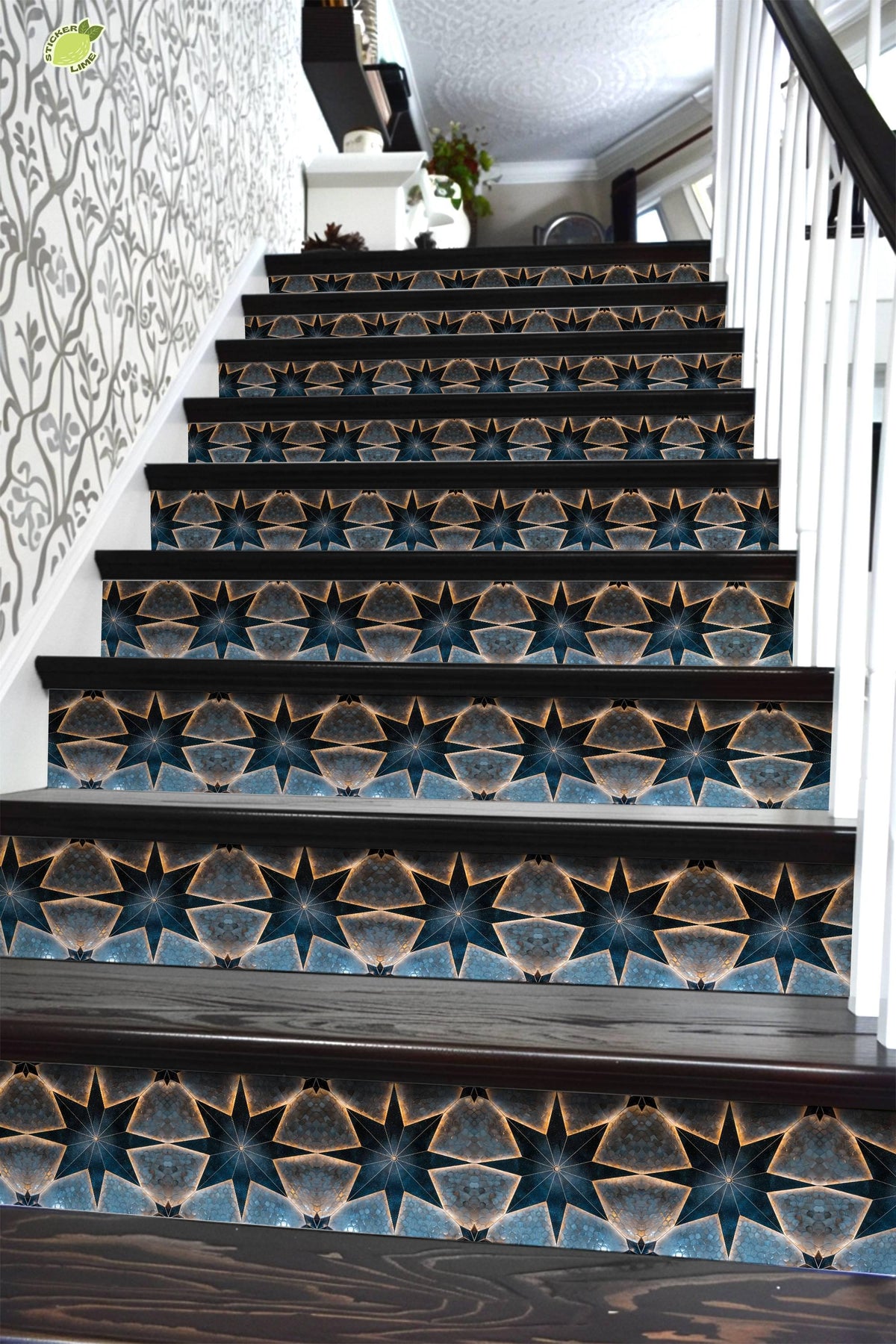 Blue & Beige Boho Star Tile peel and stick stair riser decals, photo 6 of 8