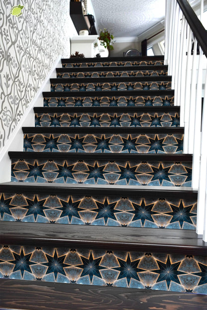 Blue & Beige Boho Star Tile peel and stick stair riser decals, photo 6 of 8