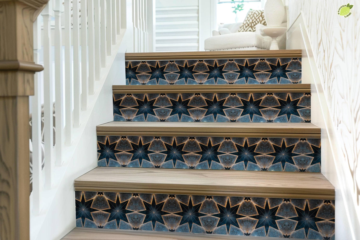 Blue & Beige Boho Star Tile peel and stick stair riser decals, photo 7 of 8