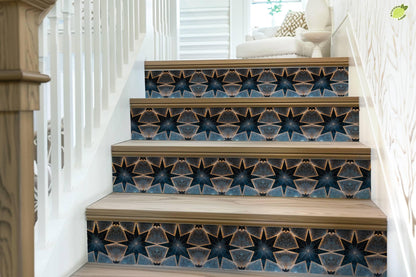 Blue & Beige Boho Star Tile peel and stick stair riser decals, photo 7 of 8