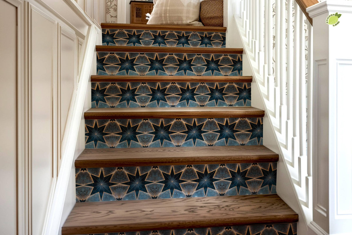 Blue & Beige Boho Star Tile peel and stick stair riser decals, photo 8 of 8