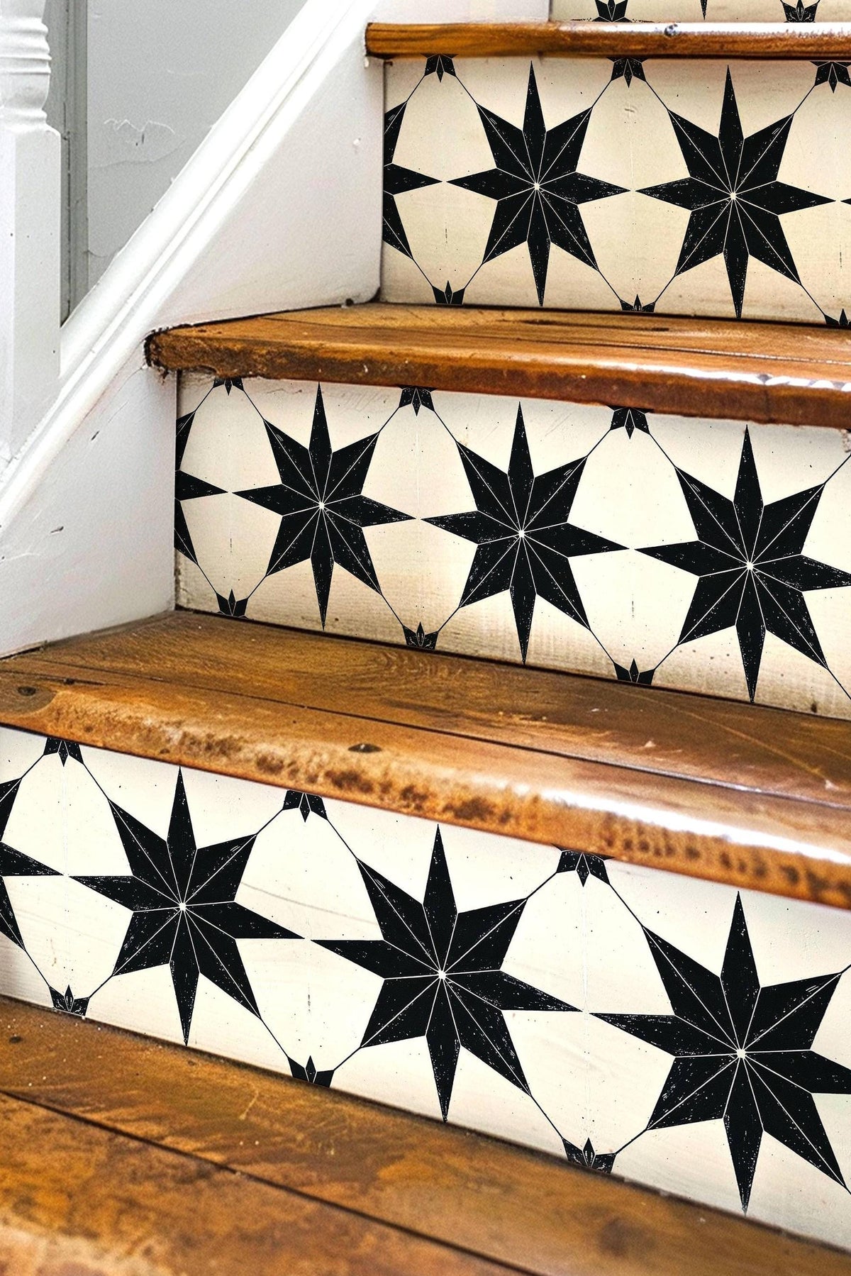 Black & White Boho Star Tile peel and stick stair riser decals