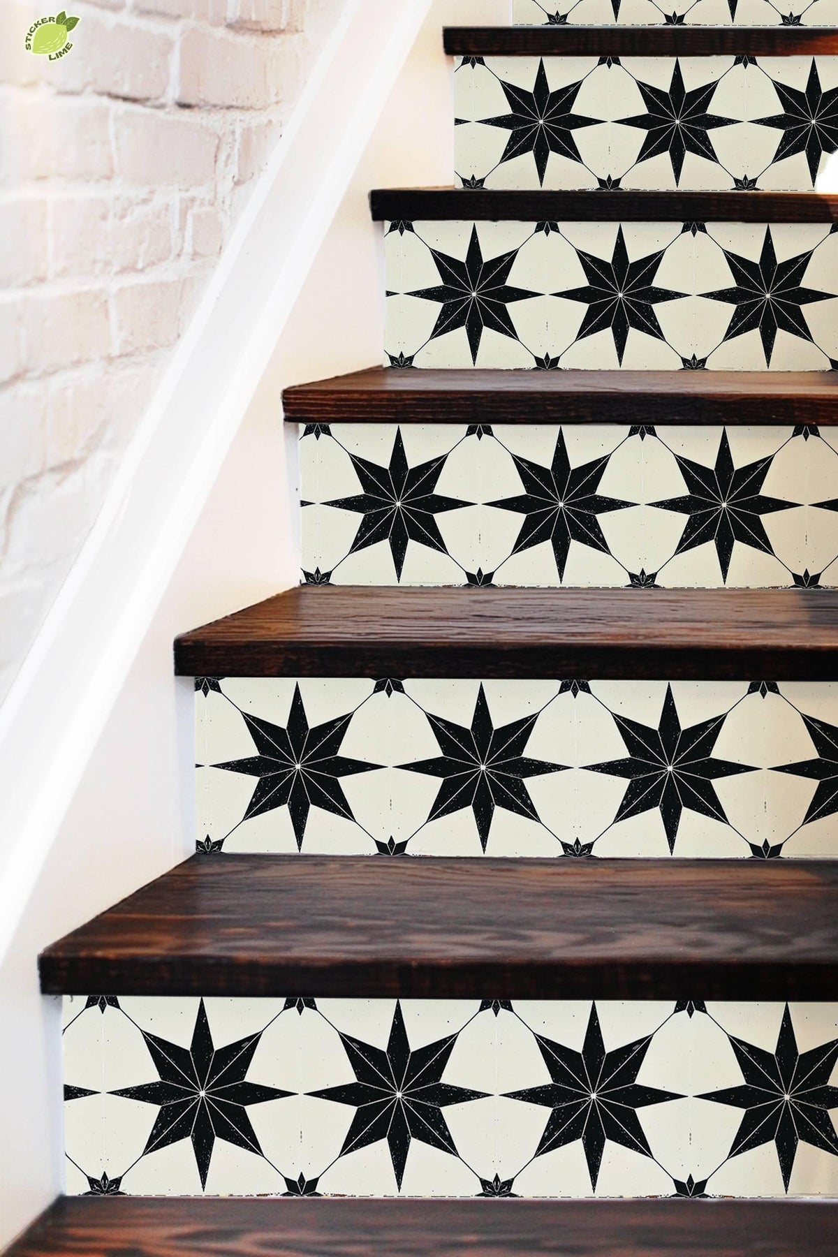 Black & White Boho Star Tile peel and stick stair riser decals, photo 3 of 8