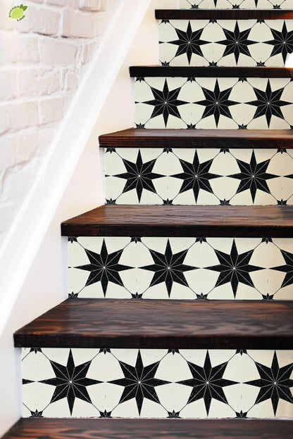 Black & White Boho Star Tile peel and stick stair riser decals, photo 3 of 8