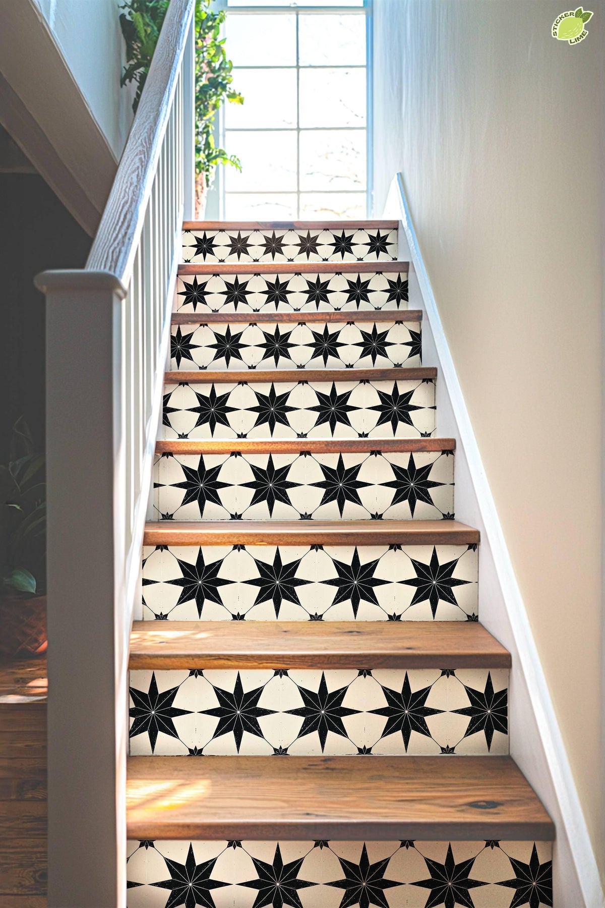 Black & White Boho Star Tile peel and stick stair riser decals, photo 4 of 8