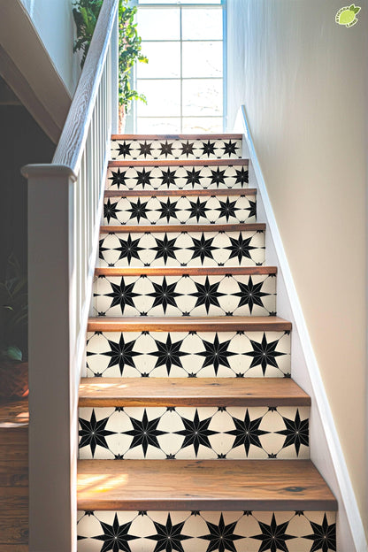 Black & White Boho Star Tile peel and stick stair riser decals, photo 4 of 8