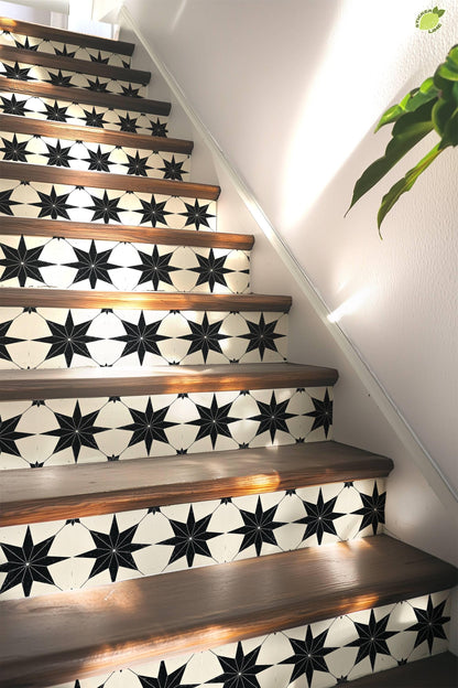 Black & White Boho Star Tile peel and stick stair riser decals, photo 5 of 8