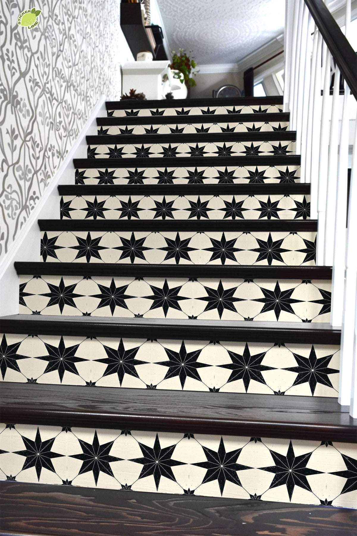 Black & White Boho Star Tile peel and stick stair riser decals, photo 6 of 8
