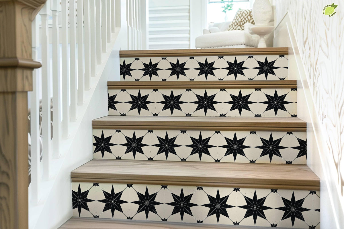 Black & White Boho Star Tile peel and stick stair riser decals, photo 7 of 8