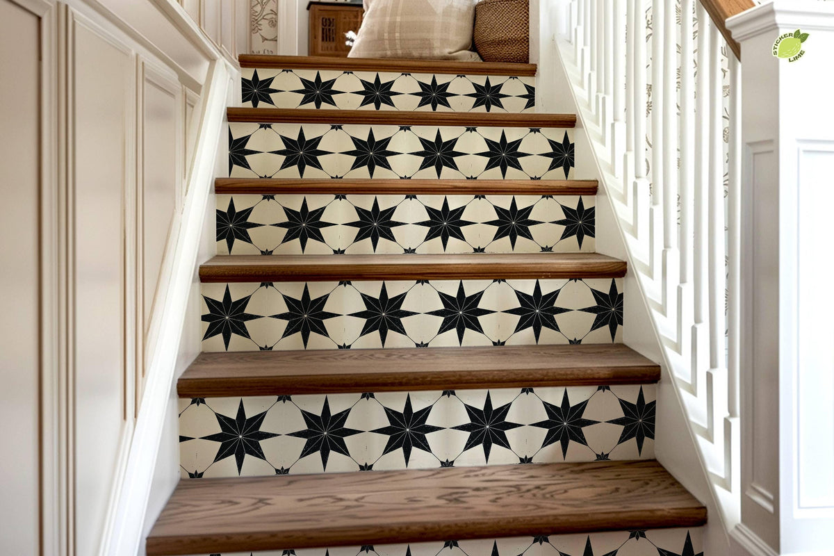 Black & White Boho Star Tile peel and stick stair riser decals, photo 8 of 8