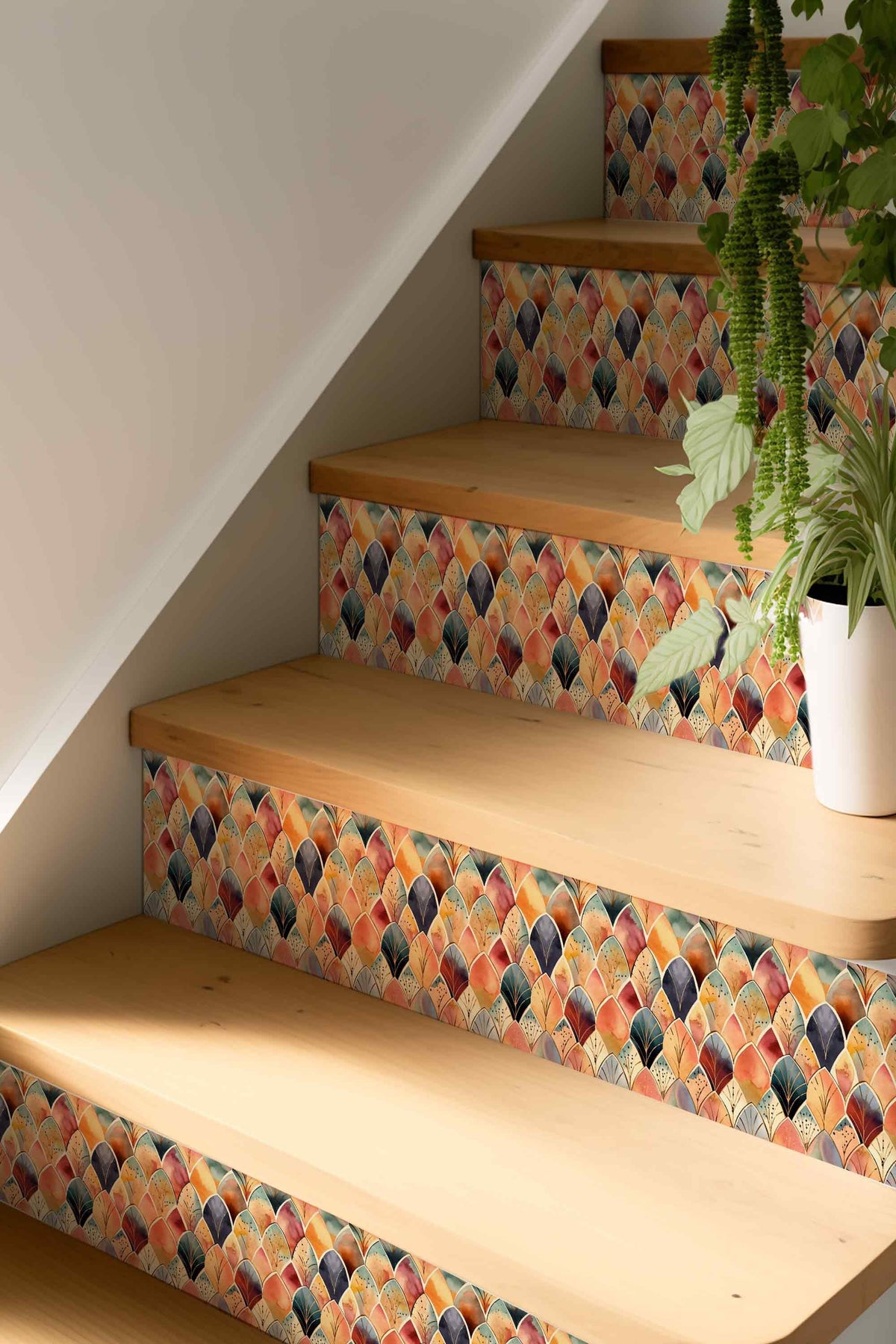 Boho Watercolor Art Deco peel and stick stair riser decals, photo 5 of 6