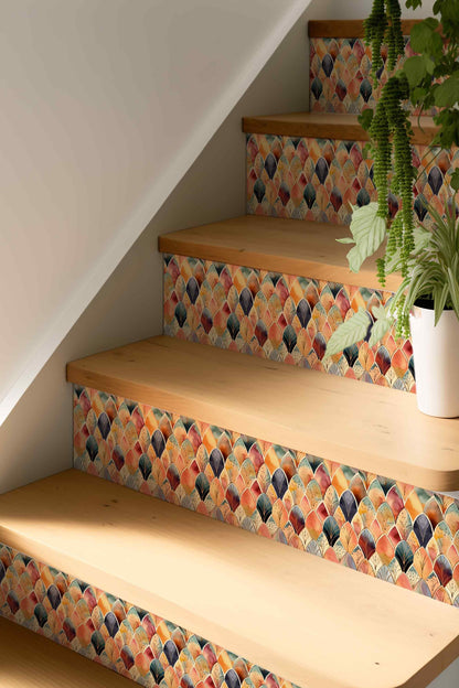 Boho Watercolor Art Deco peel and stick stair riser decals, photo 5 of 6