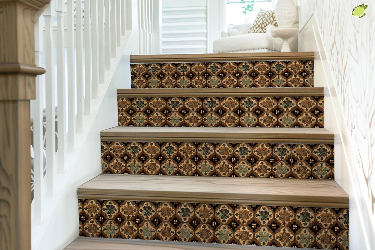Brown & Beige Moroccan Tile peel and stick stair riser decals, photo 7 of 8