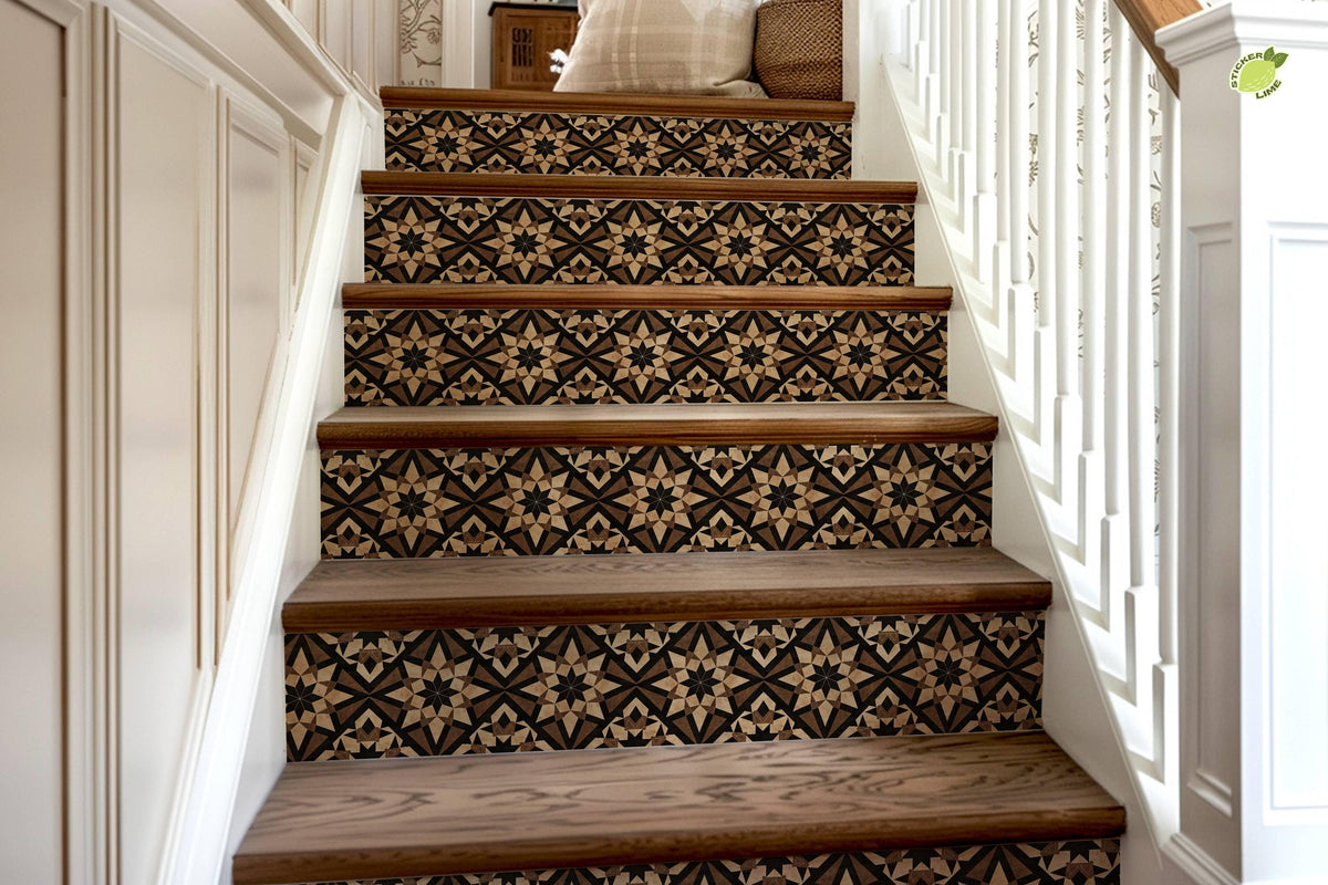 Brown & Beige Rustic Moroccan Tile peel and stick stair riser decals, photo 8 of 8