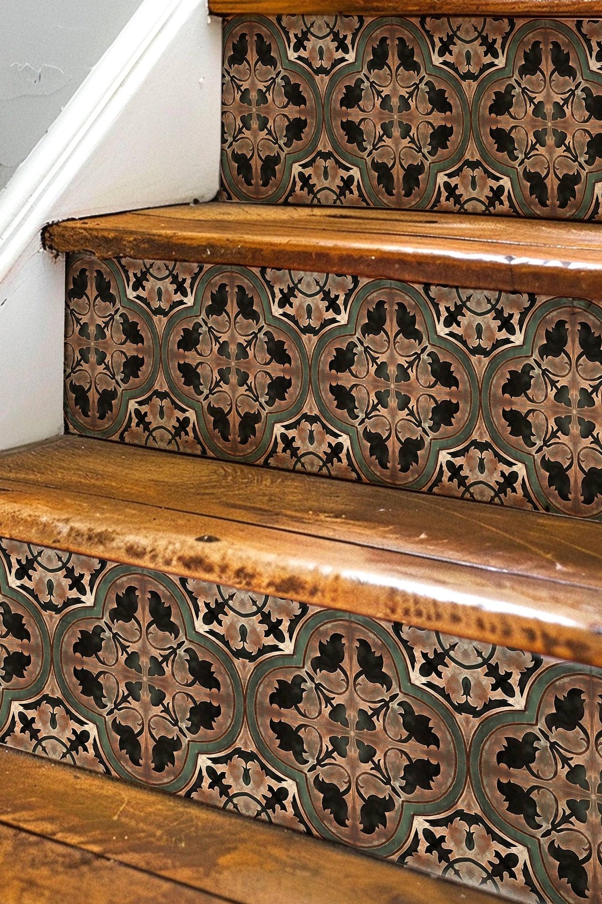 Brown & Black Moroccan Tile peel and stick stair riser decals