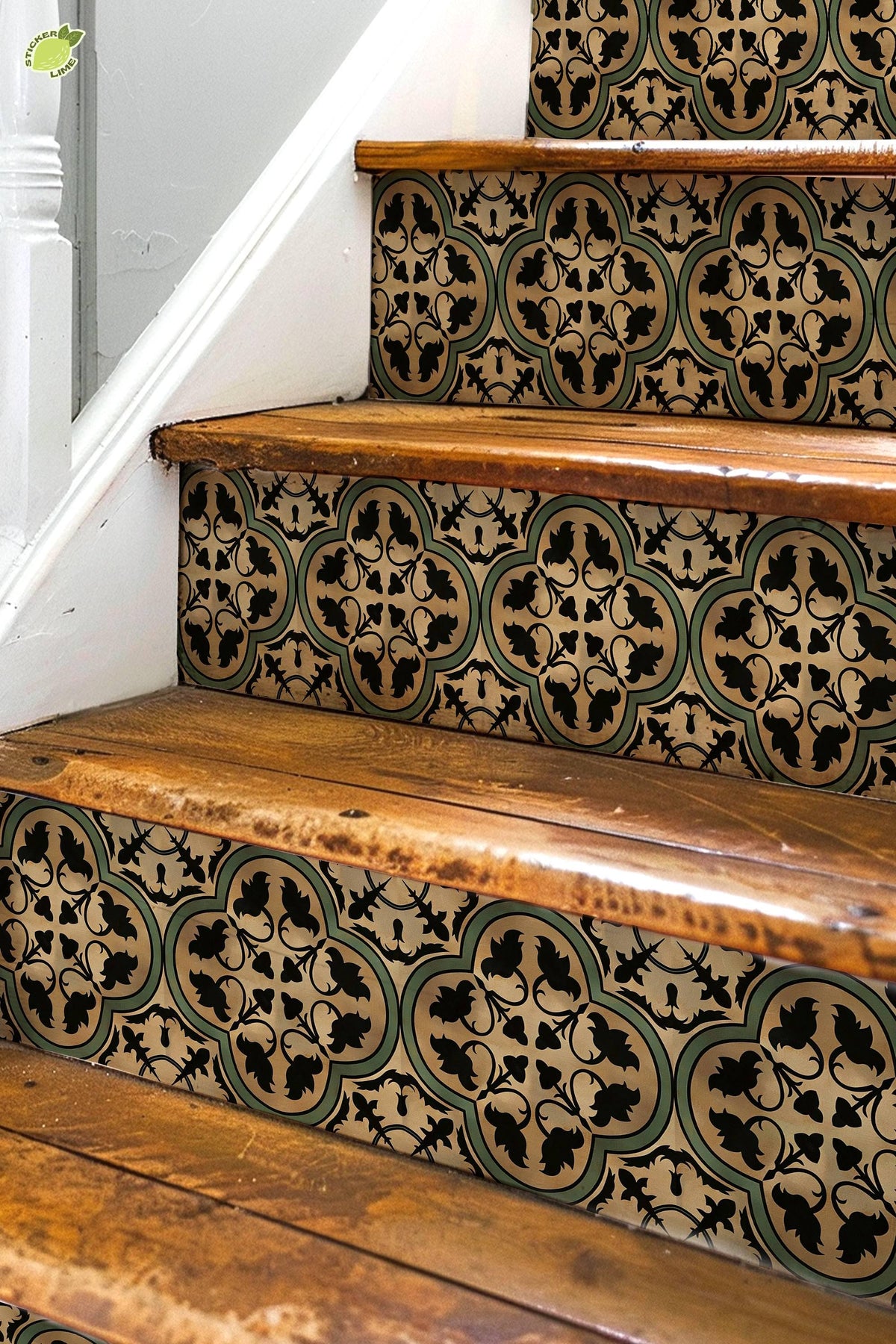 Brown & Green Moroccan Tile peel and stick stair riser decals