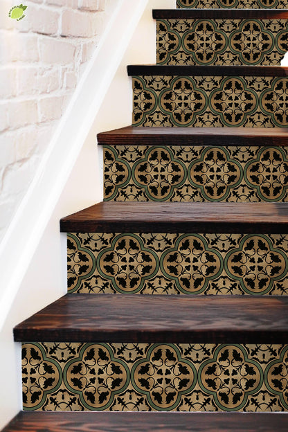 Brown & Green Moroccan Tile peel and stick stair riser decals, photo 3 of 8