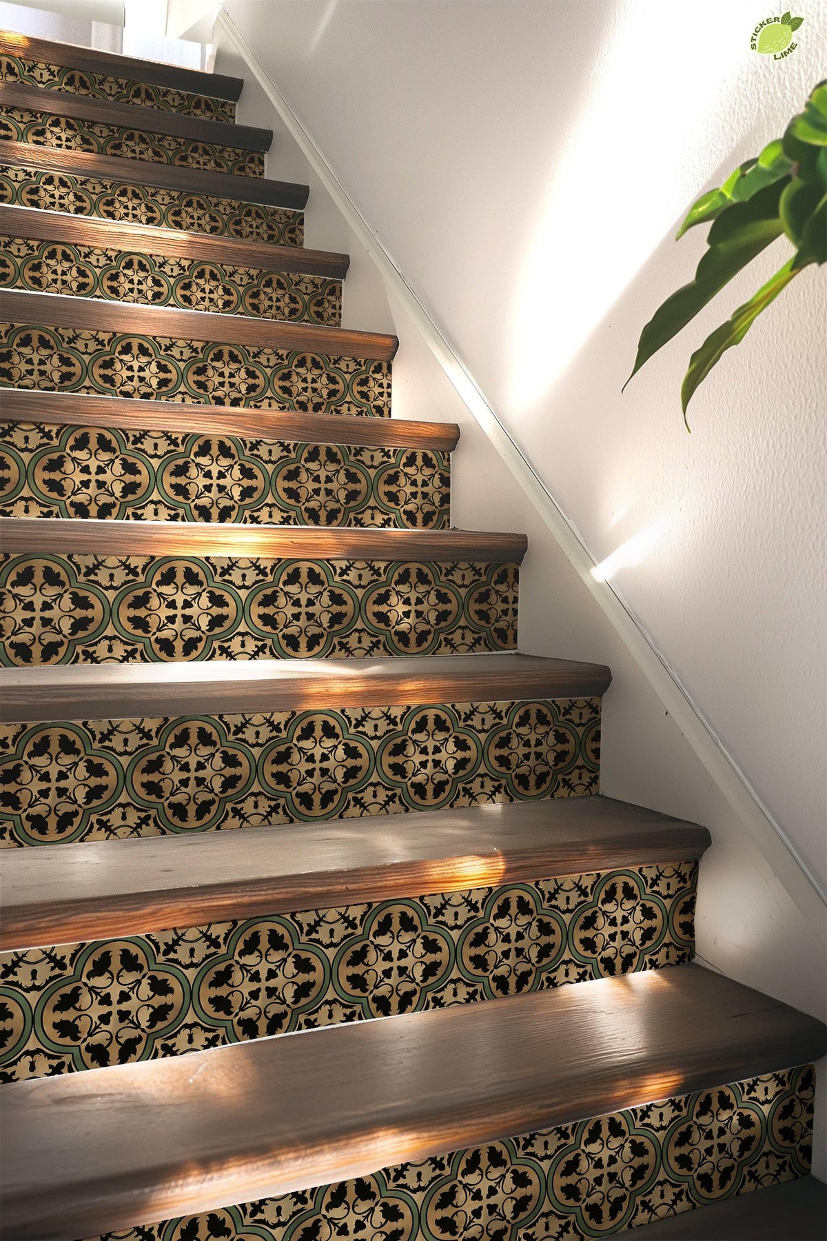 Brown & Green Moroccan Tile peel and stick stair riser decals, photo 5 of 8