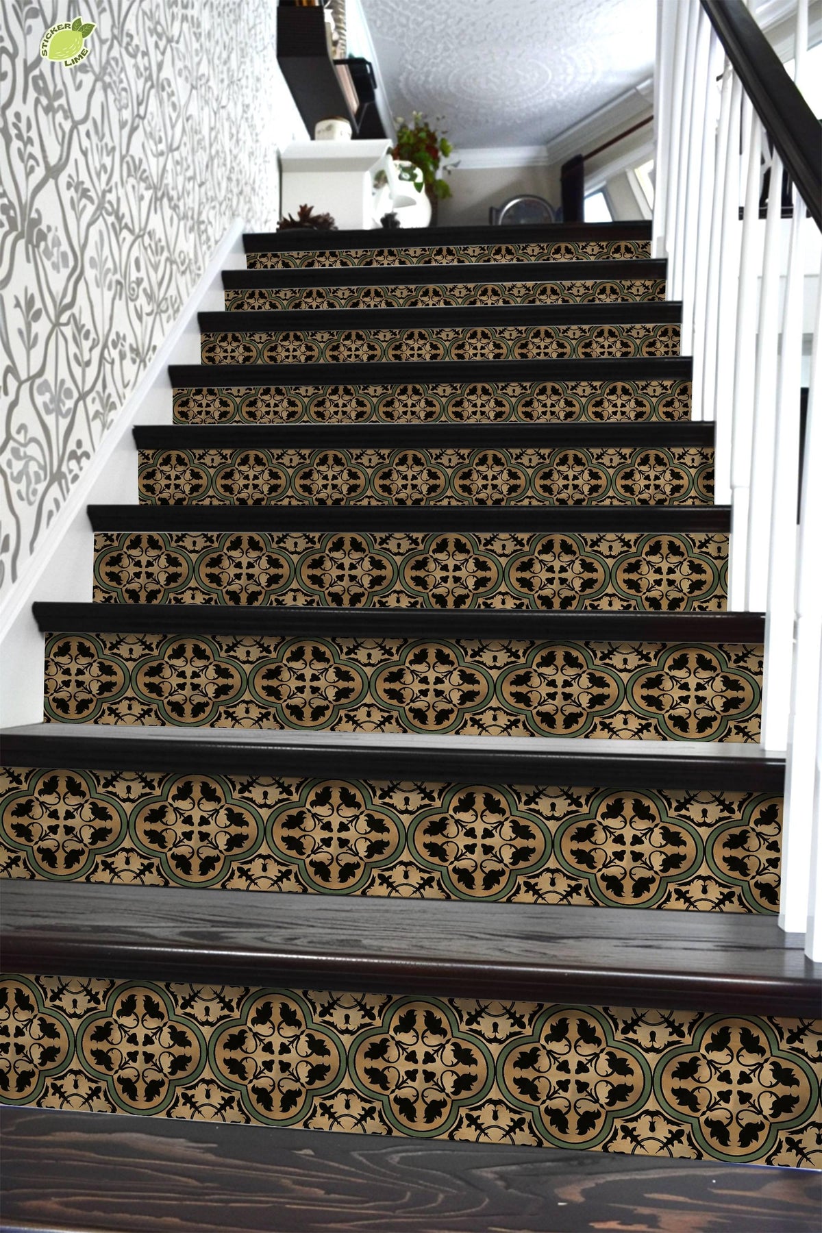 Brown & Green Moroccan Tile peel and stick stair riser decals, photo 6 of 8