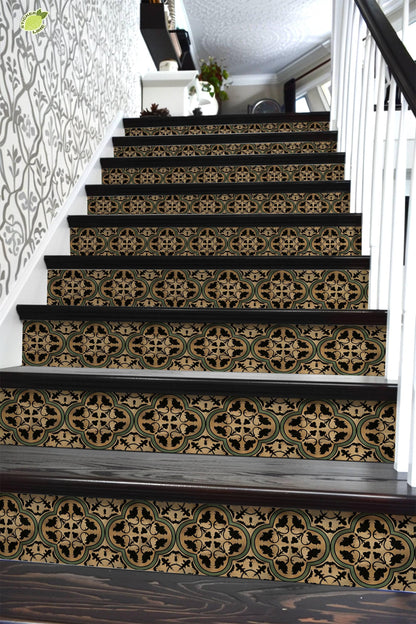 Brown & Green Moroccan Tile peel and stick stair riser decals, photo 6 of 8