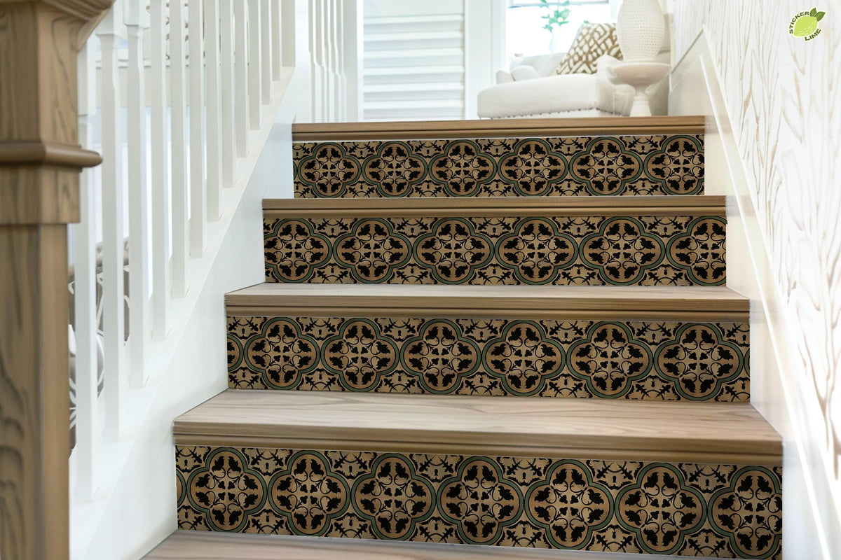 Brown & Green Moroccan Tile peel and stick stair riser decals, photo 7 of 8