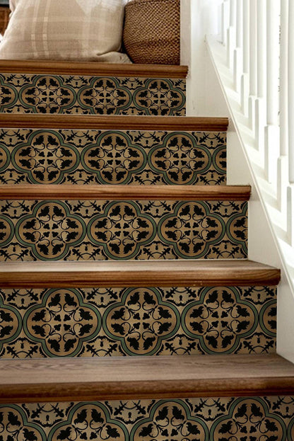 Brown & Green Moroccan Tile peel and stick stair riser decals, photo 8 of 8