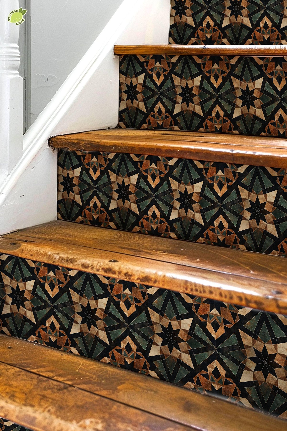 Brown & Green Rustic Moroccan Tile peel and stick stair riser decals