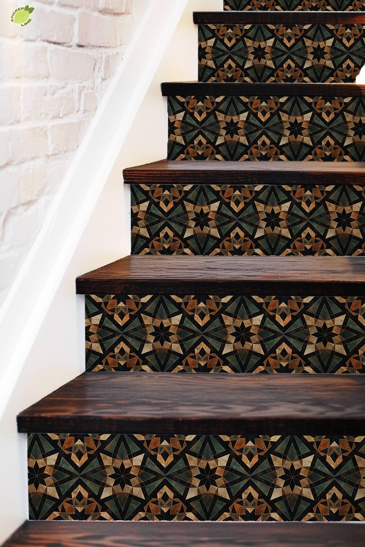 Brown & Green Rustic Moroccan Tile peel and stick stair riser decals, photo 3 of 8