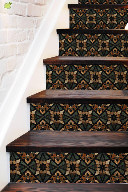 Brown & Green Rustic Moroccan Tile peel and stick stair riser decals, photo 3 of 8