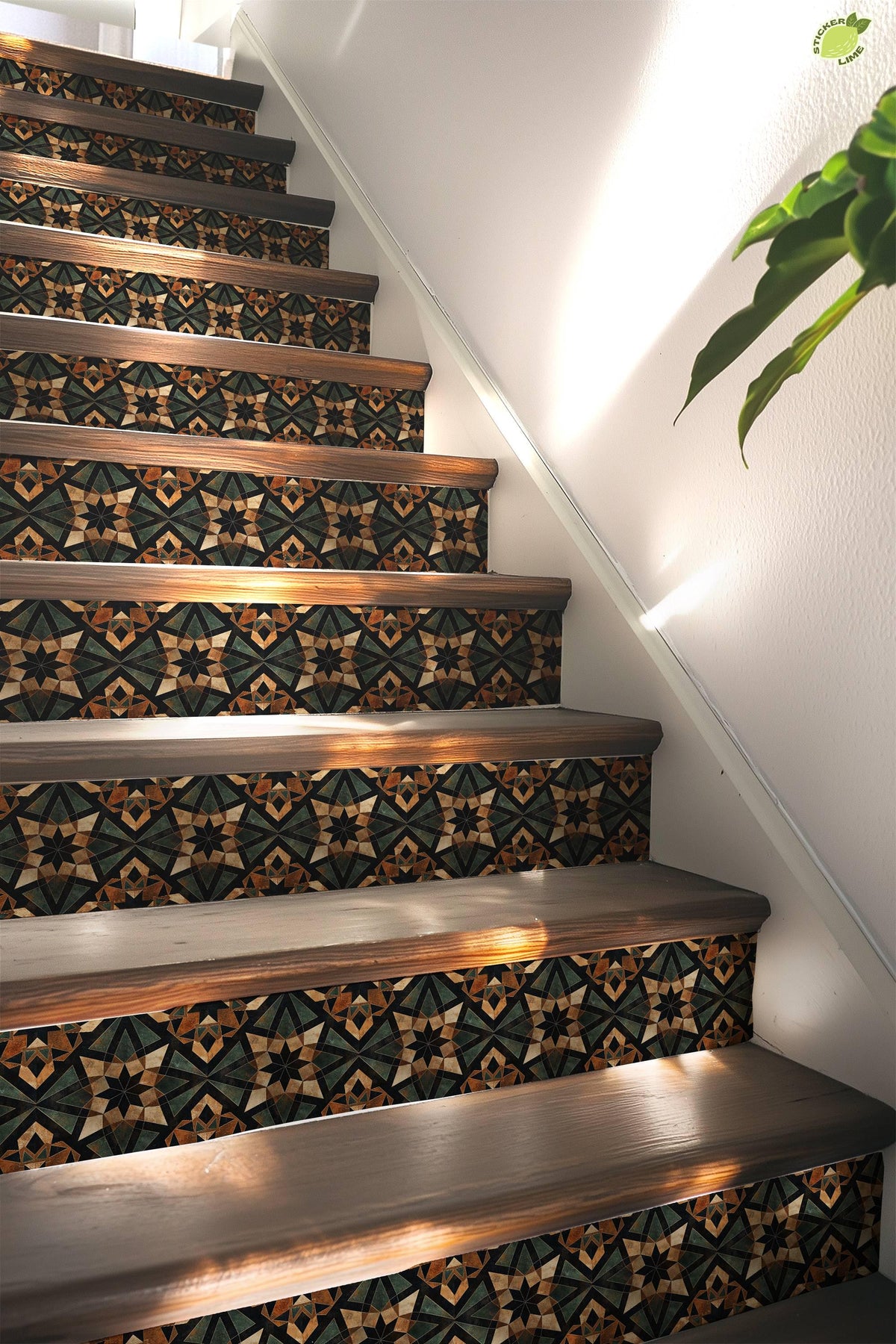 Brown & Green Rustic Moroccan Tile peel and stick stair riser decals, photo 5 of 8