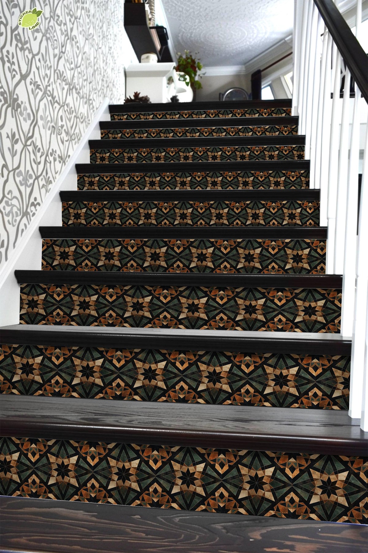 Brown & Green Rustic Moroccan Tile peel and stick stair riser decals, photo 6 of 8
