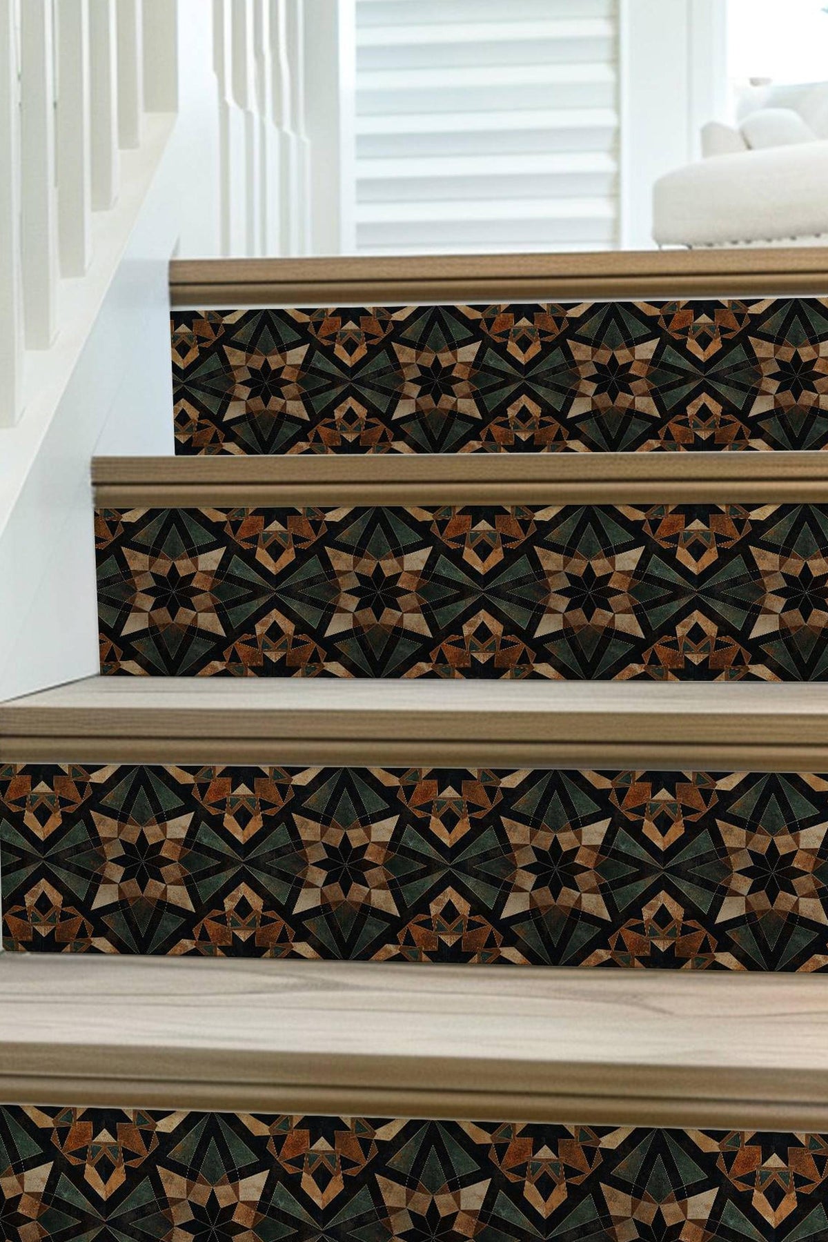 Brown & Green Rustic Moroccan Tile peel and stick stair riser decals, photo 7 of 8