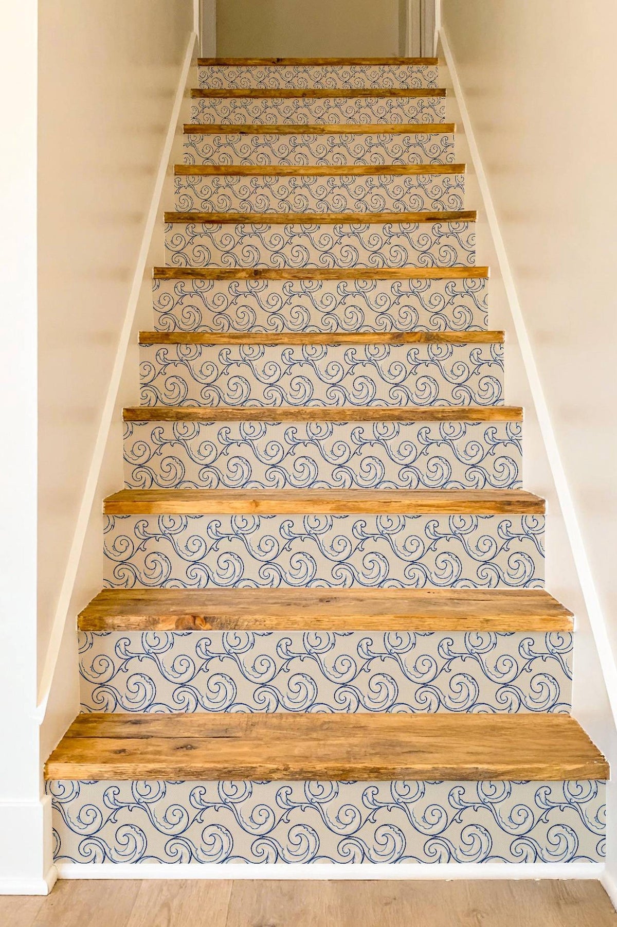 Cobalt Coastal Arabesque Wave peel and stick stair riser decals