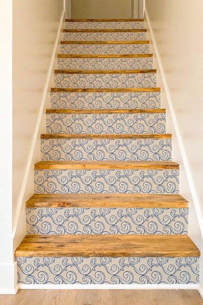 Cobalt Coastal Arabesque Wave peel and stick stair riser decals