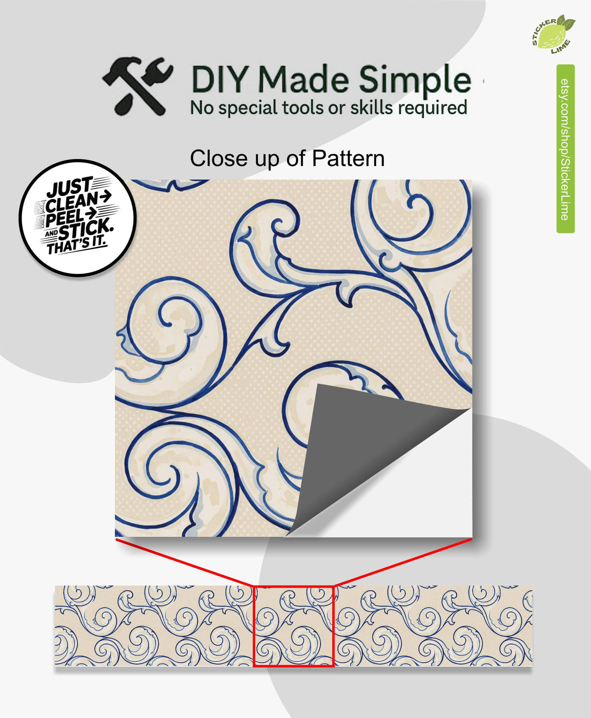 Cobalt Coastal Arabesque Wave peel and stick stair riser decals, photo 2 of 8