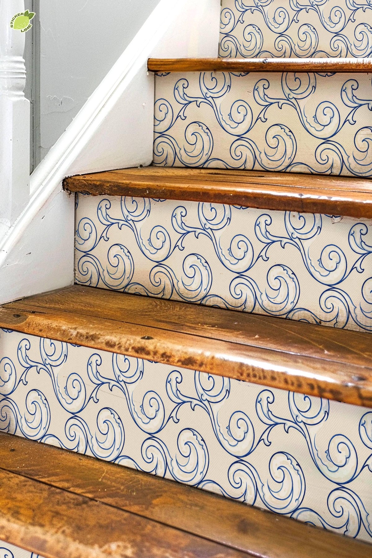 Cobalt Coastal Arabesque Wave peel and stick stair riser decals, photo 3 of 8