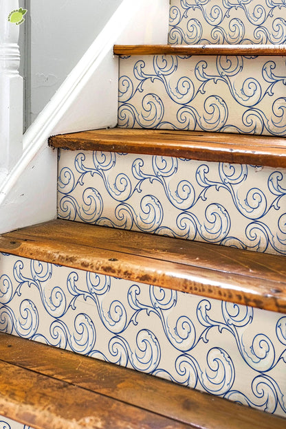 Cobalt Coastal Arabesque Wave peel and stick stair riser decals, photo 3 of 8