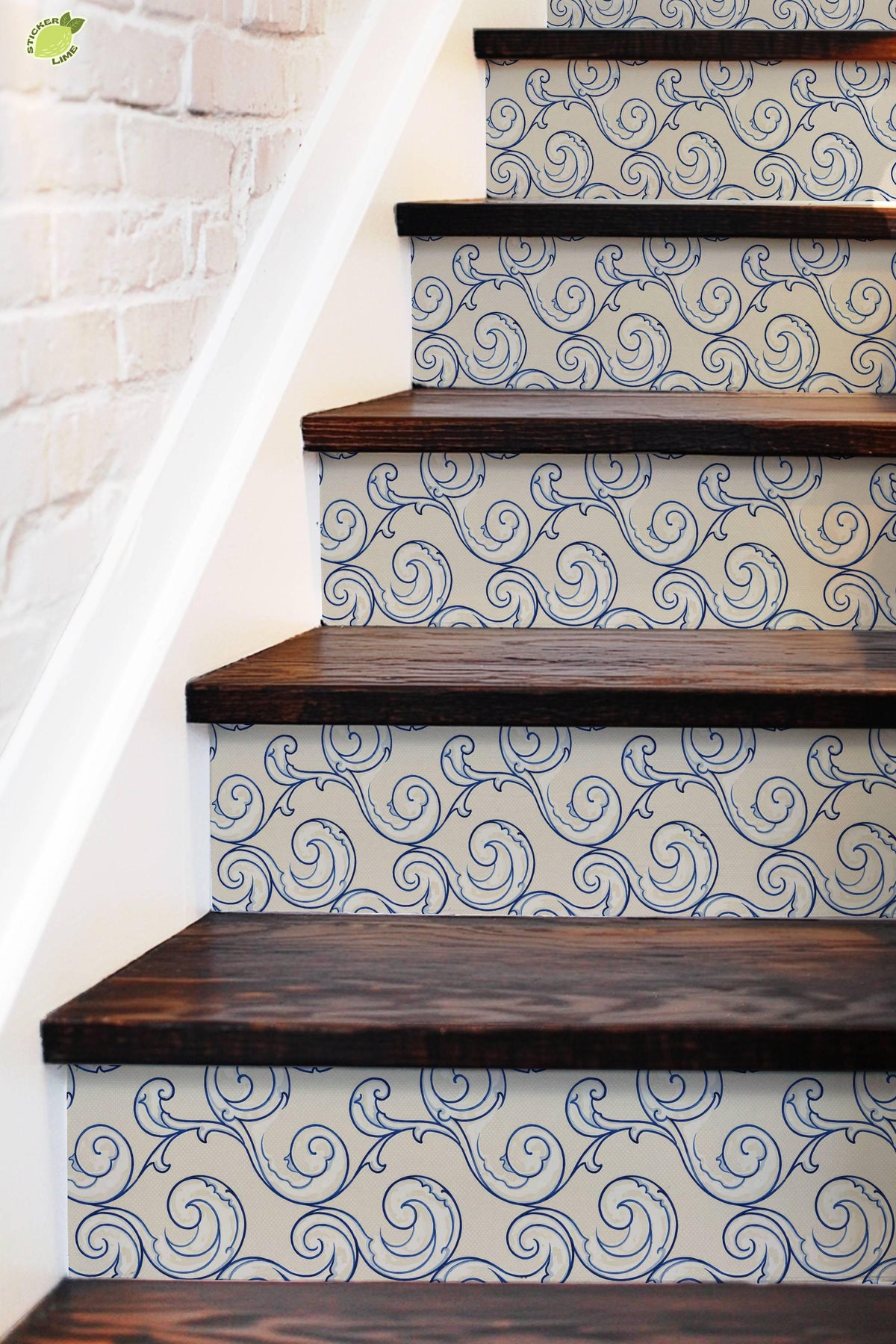 Cobalt Coastal Arabesque Wave peel and stick stair riser decals, photo 5 of 8