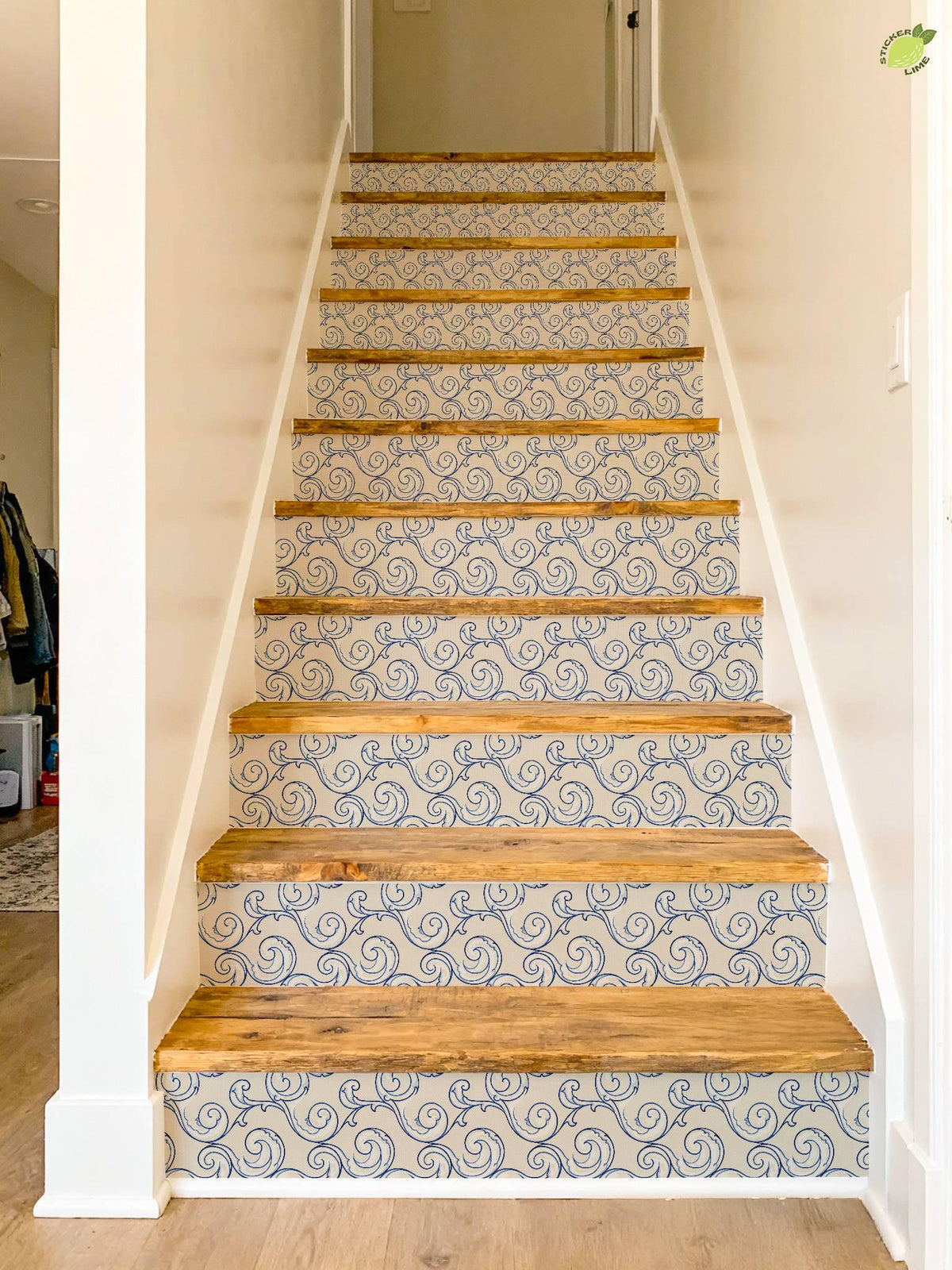 Cobalt Coastal Arabesque Wave peel and stick stair riser decals, photo 6 of 8