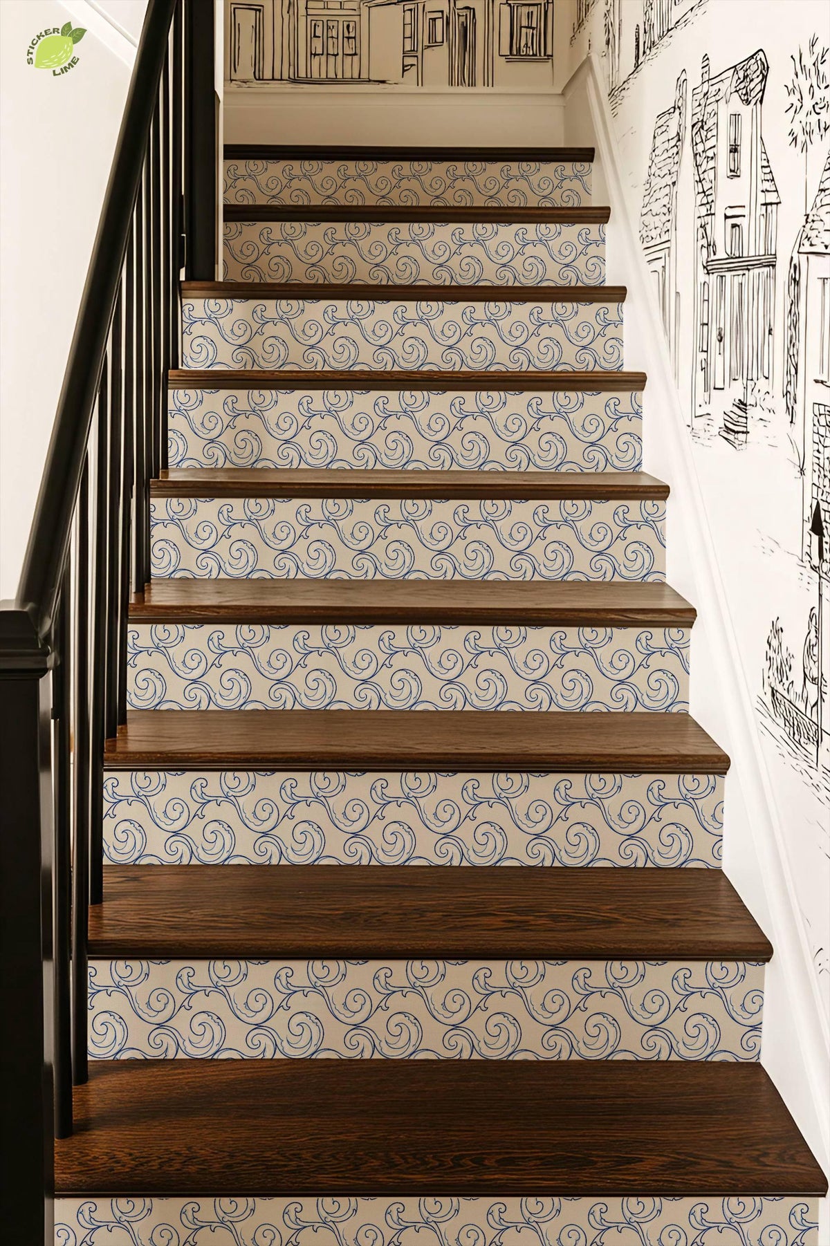 Cobalt Coastal Arabesque Wave peel and stick stair riser decals, photo 7 of 8